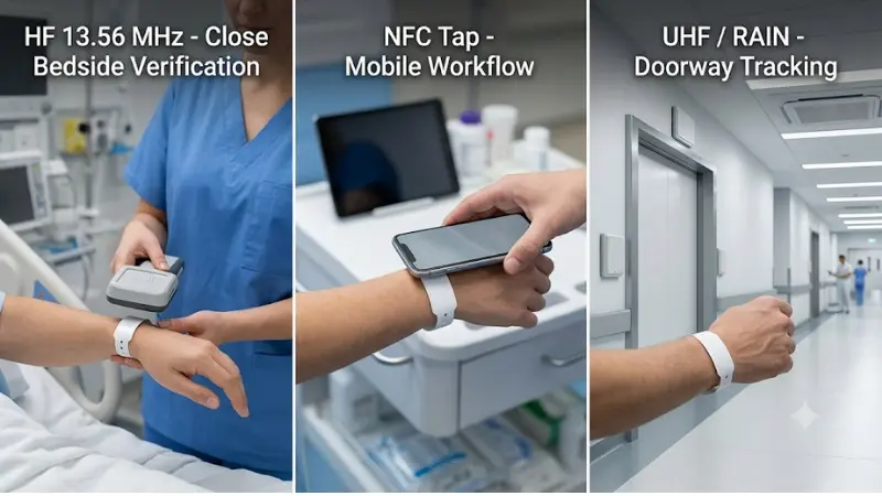 HF NFC and UHF RFID patient wristband frequency comparison for bedside verification mobile tap and doorway tracking HF NFC and UHF RFID patient wristband frequency comparison for bedside verification mobile tap and doorway tracking
