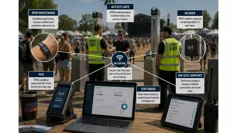 Main components of a festival RFID system including wristbands, readers, software, and network Main components of a festival RFID system including wristbands, readers, software, and network